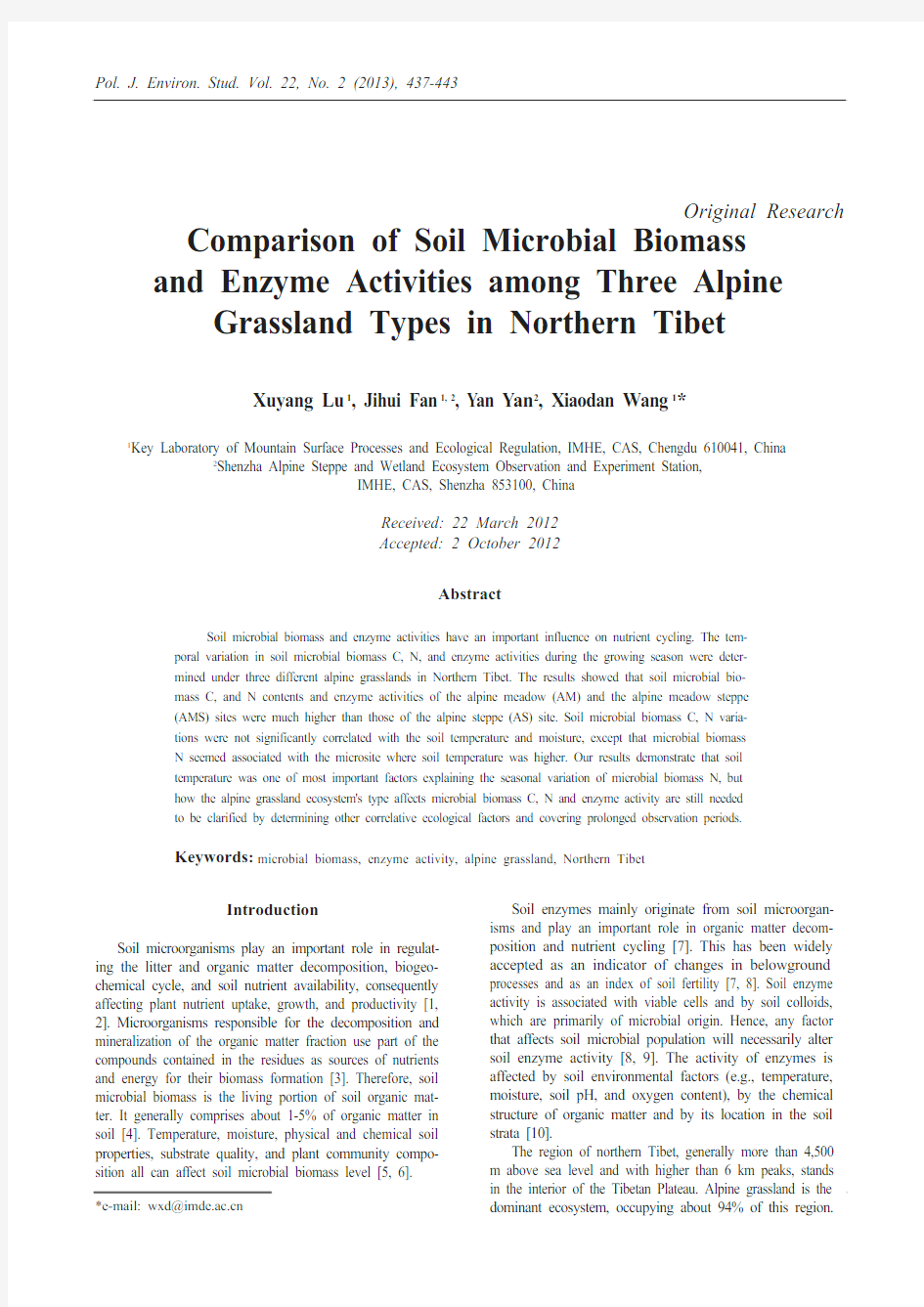 Comparison of Soil Microbial Biomass and Enzyme Activities among Three Alpine Grassland