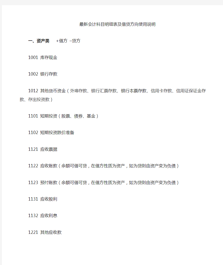 会计科目明细表及借贷方向使用说明