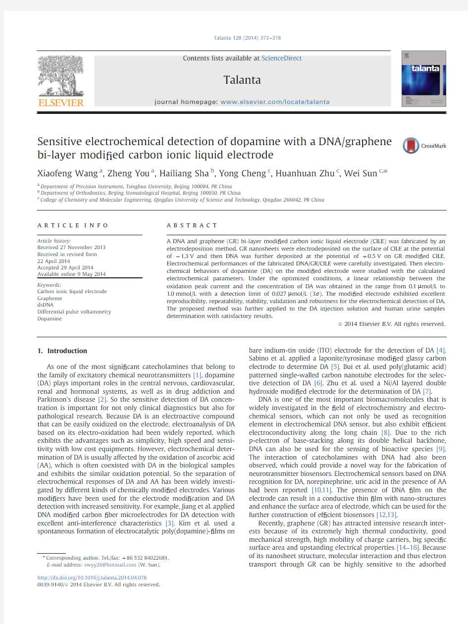 Sensitive electrochemical detection of dopamine with a DNAgraphene