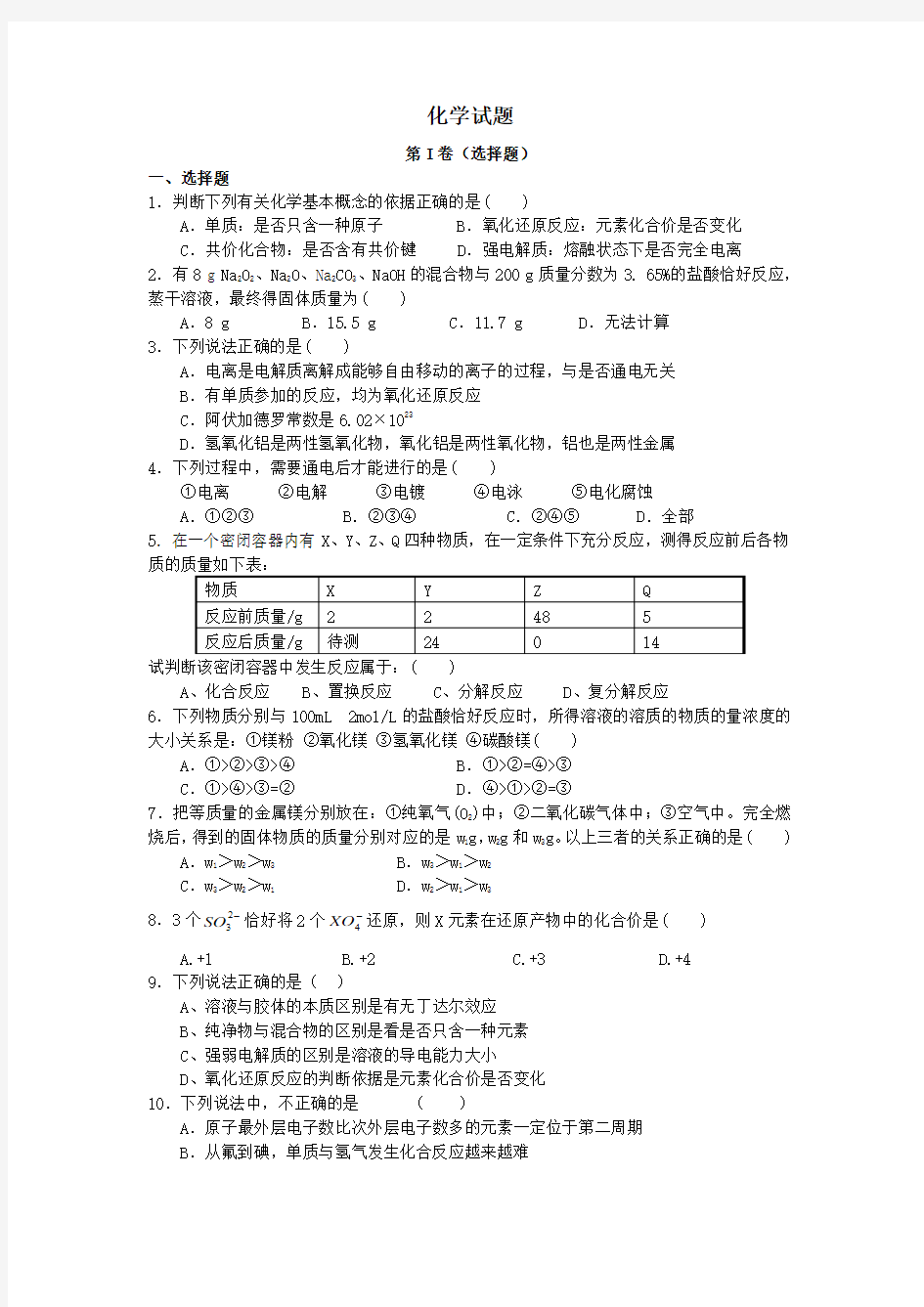 2010年高考江苏卷化学