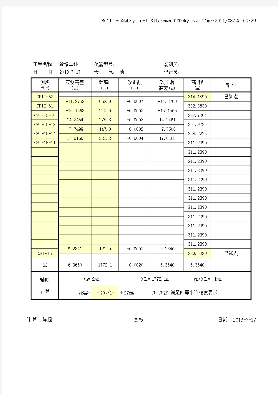 水准测量平差表(含公式可自动计算)