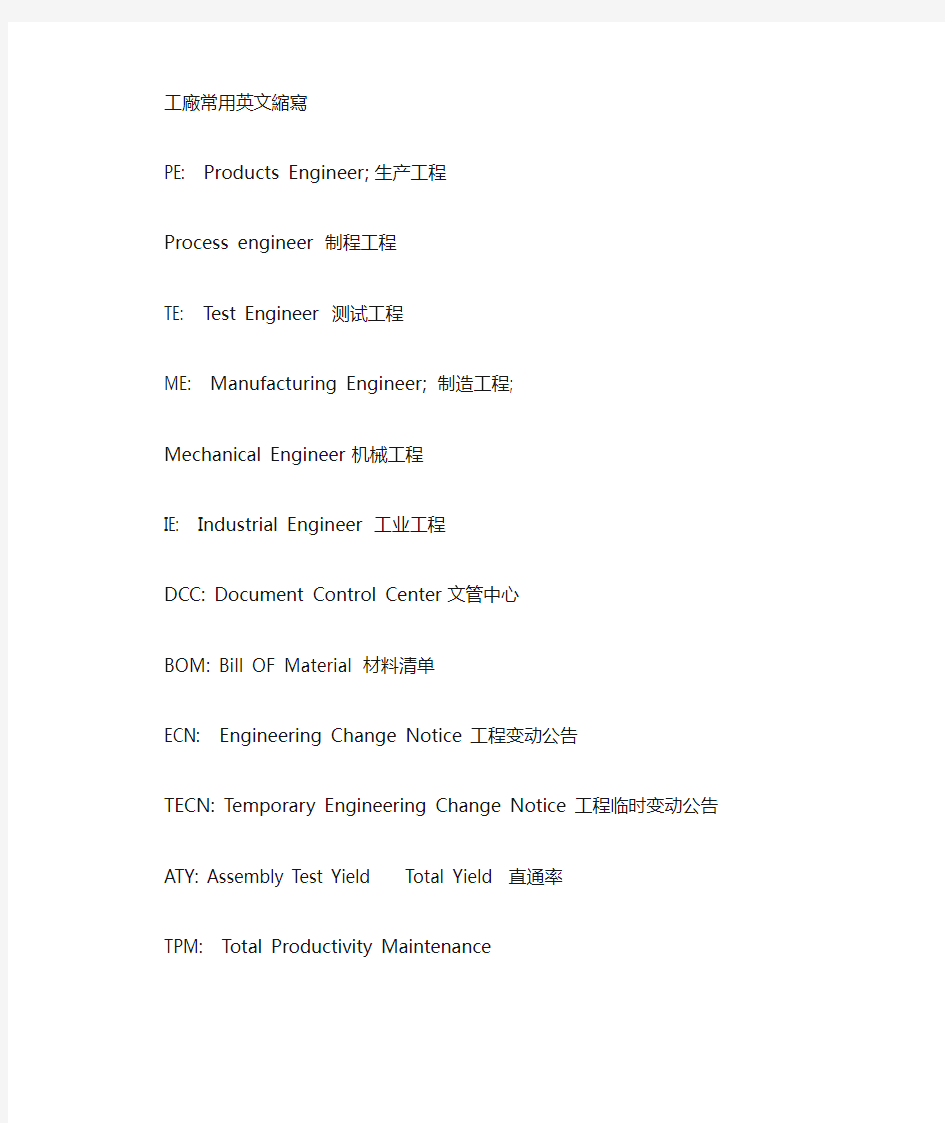 工厂常用英文缩写