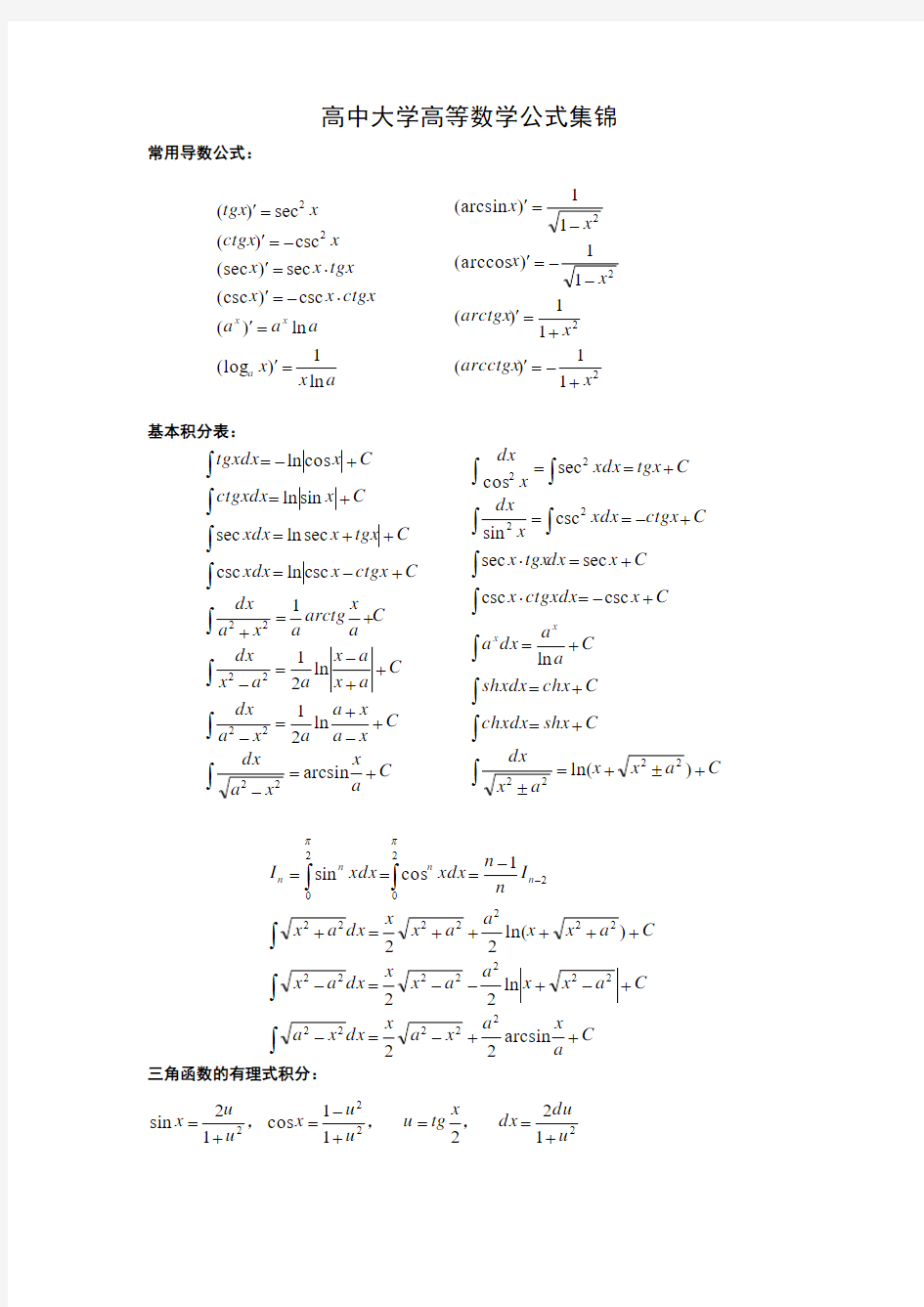 高中大学高等数学公式集锦