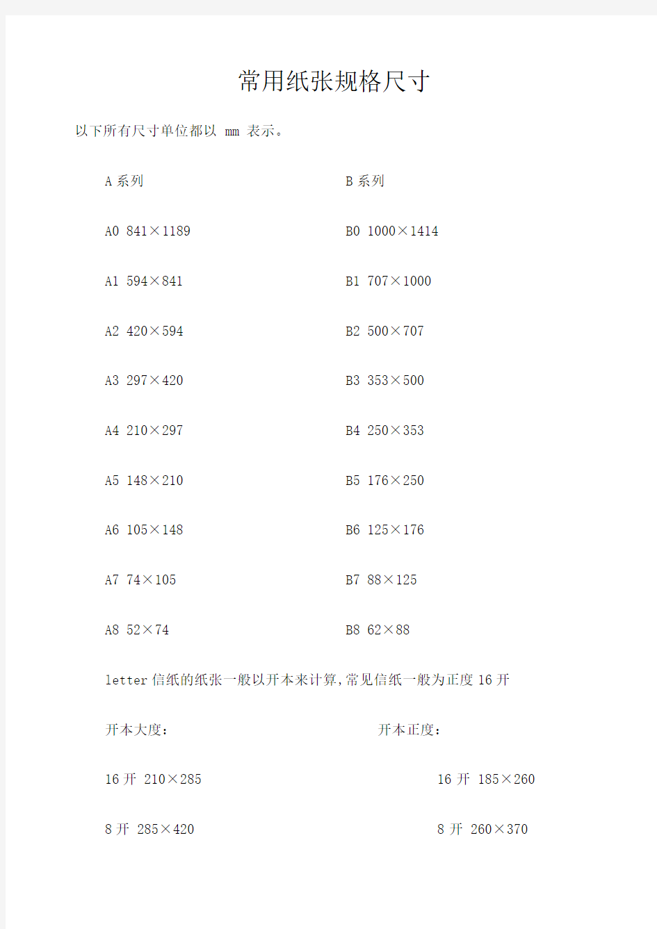 常用纸张规格尺寸