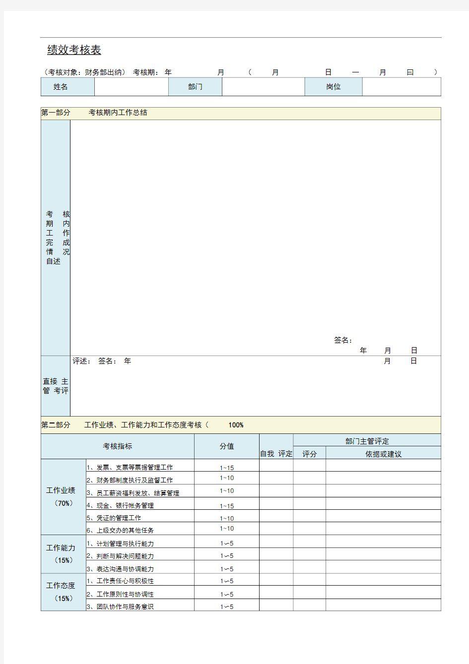 免费：财务部出纳绩效考核表(20200926133204)