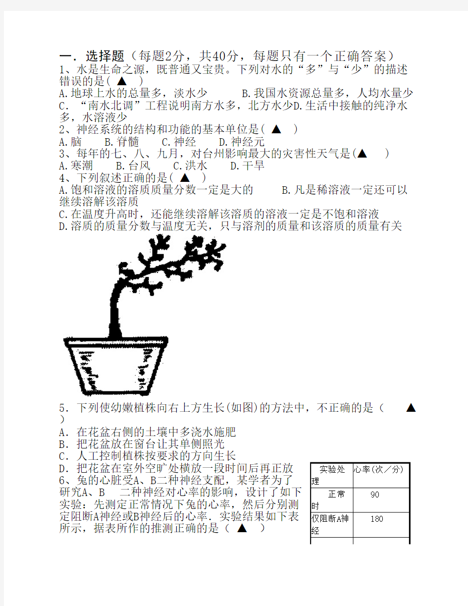 温州外国语学校科学期末模拟试卷(八上)1