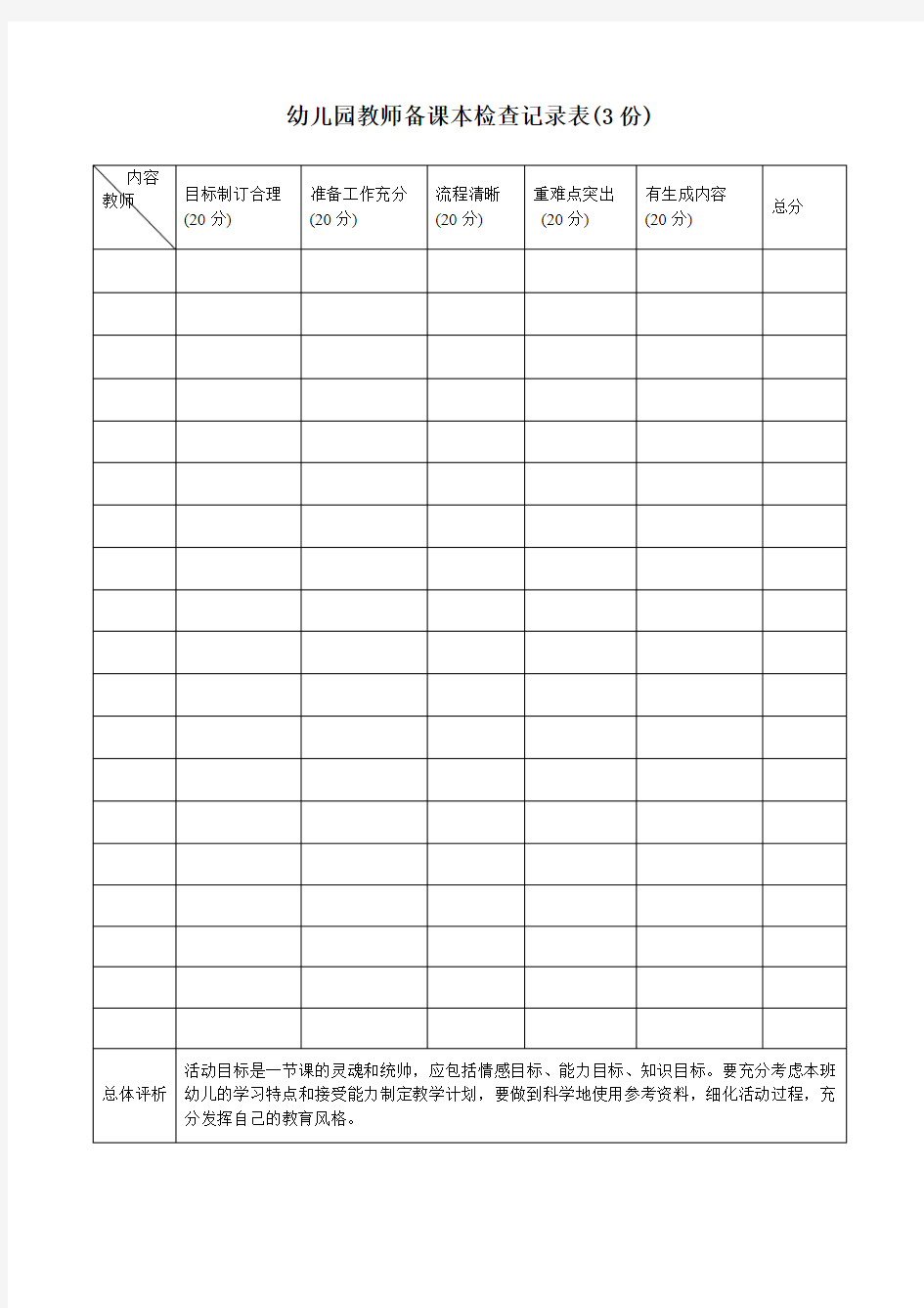 幼儿园教师备课本检查记录表(3份) 