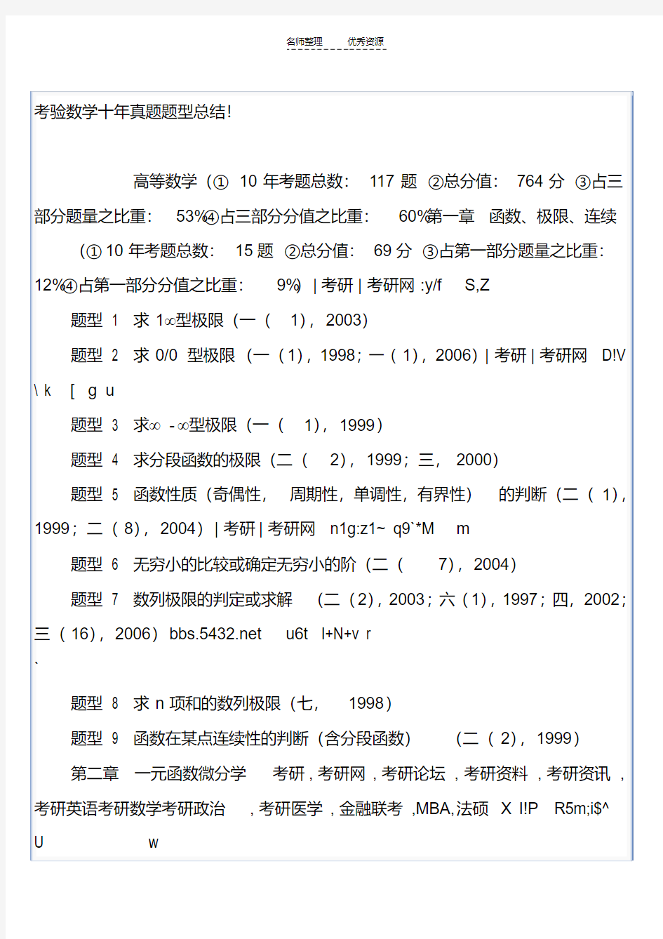 考研数学最近十年真题题型总结