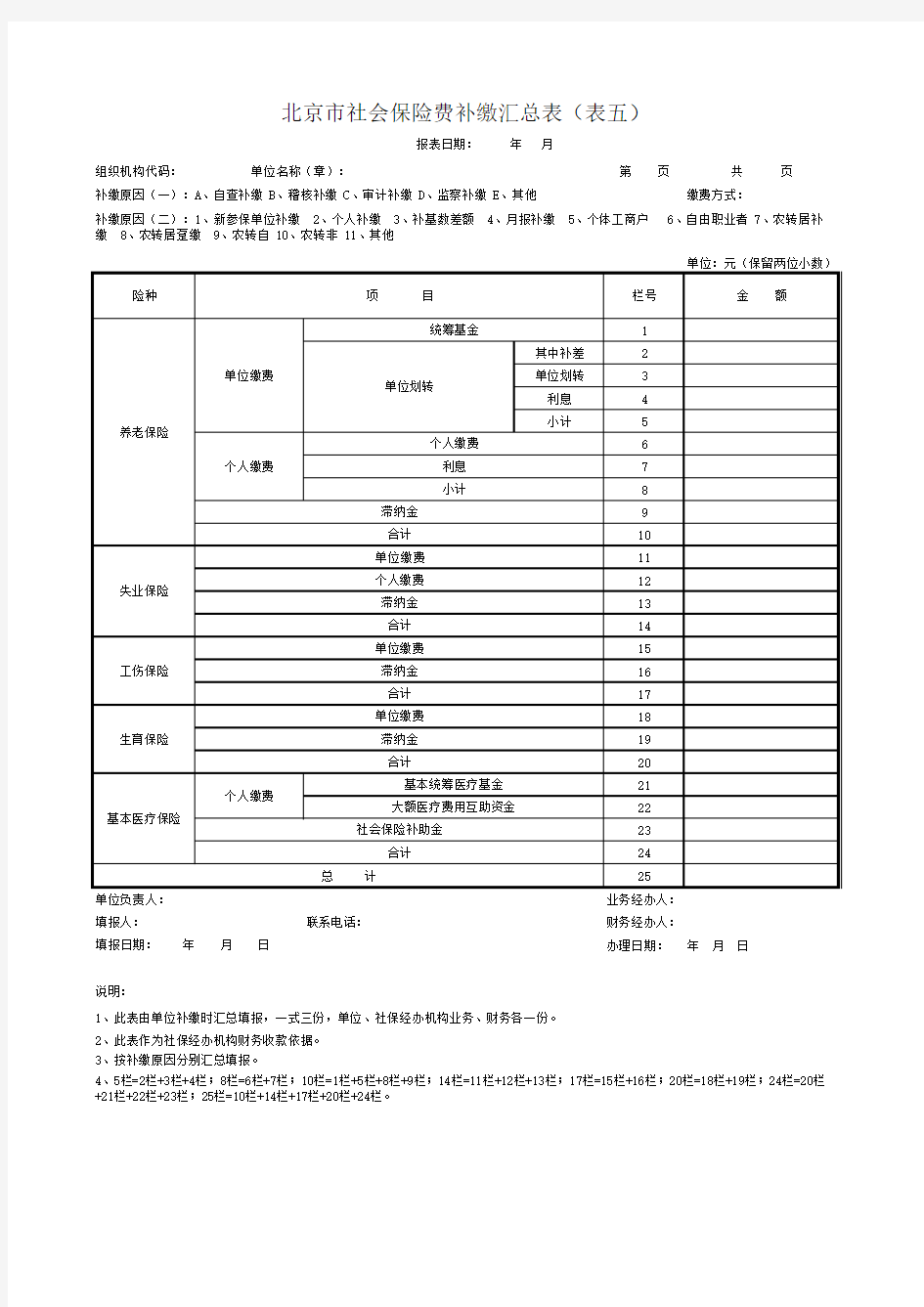 北京市社会保险费补缴汇总表(表五)