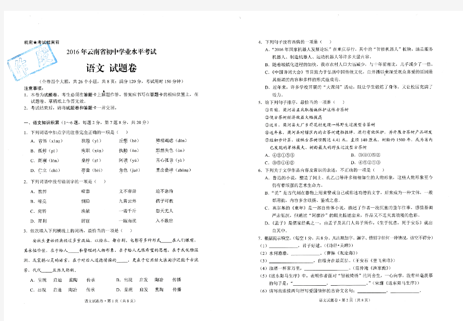 2016年云南省初中学业水平考试语文试题卷