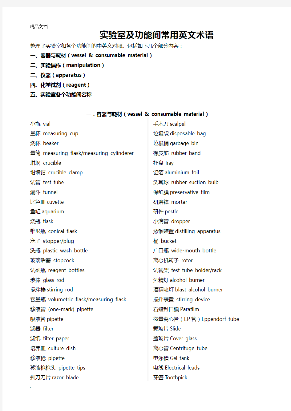 实验室及功能间常用英文术语