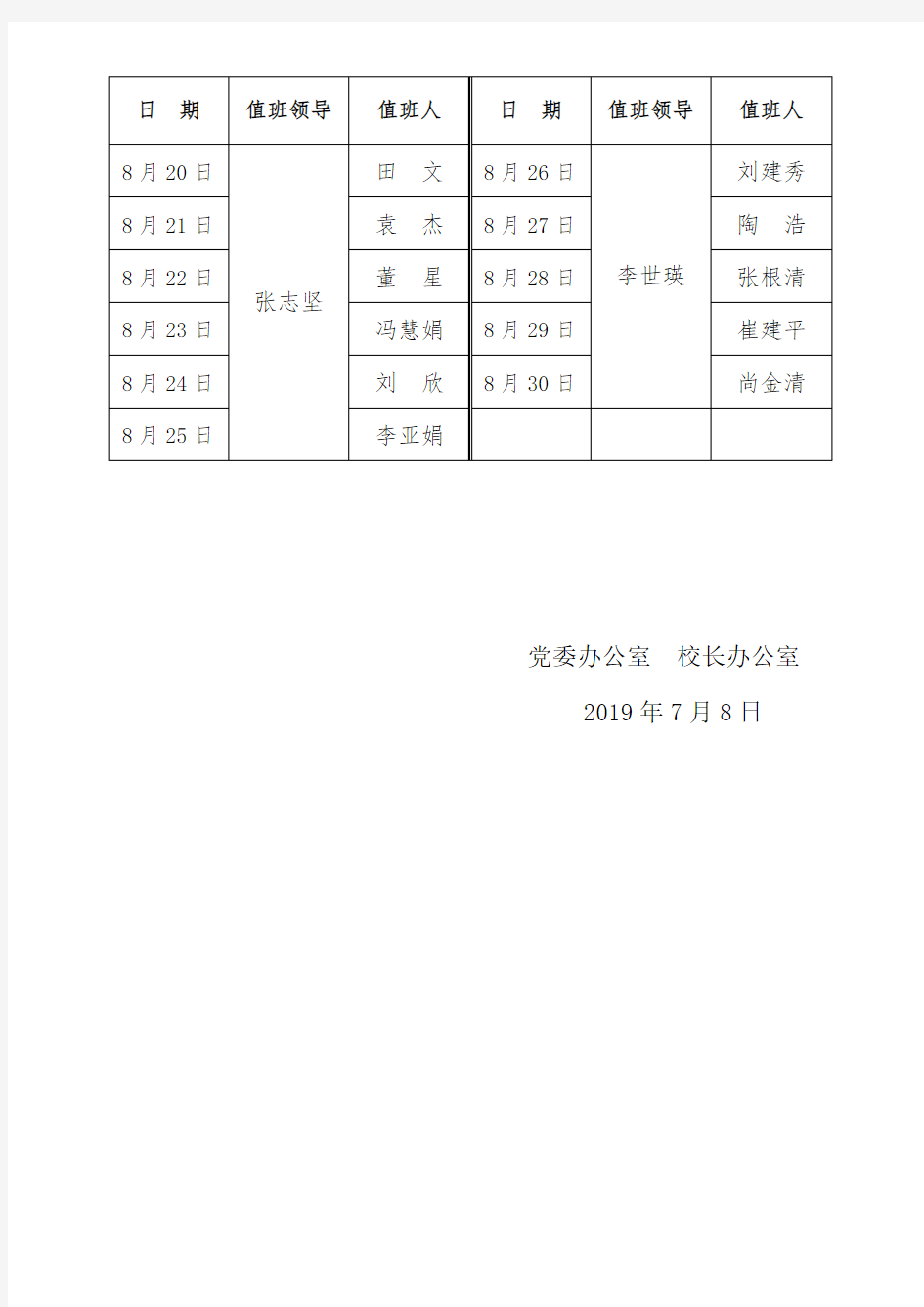 2019年暑假学校总值班表