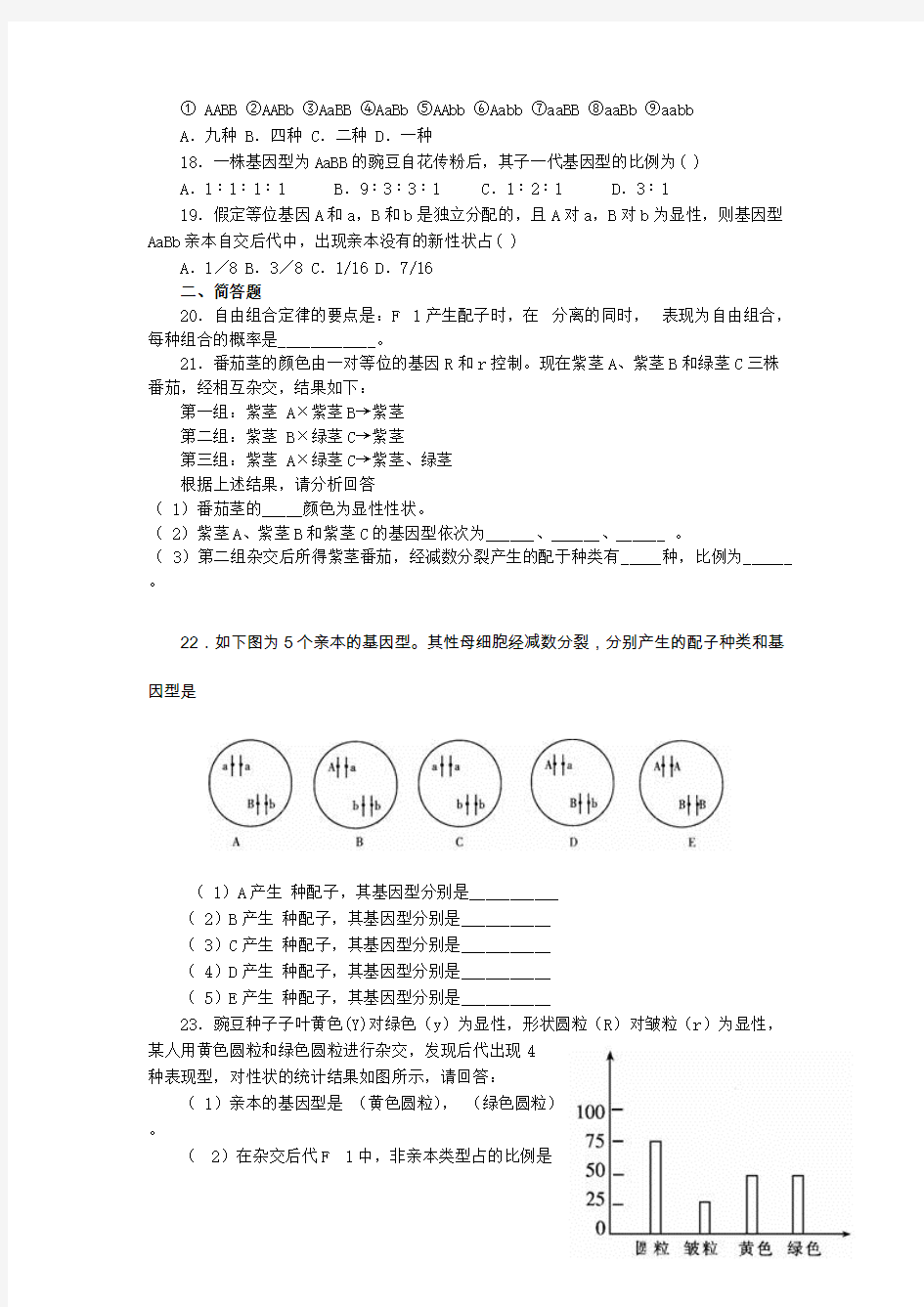 基因的自由组合定律练习题及答案