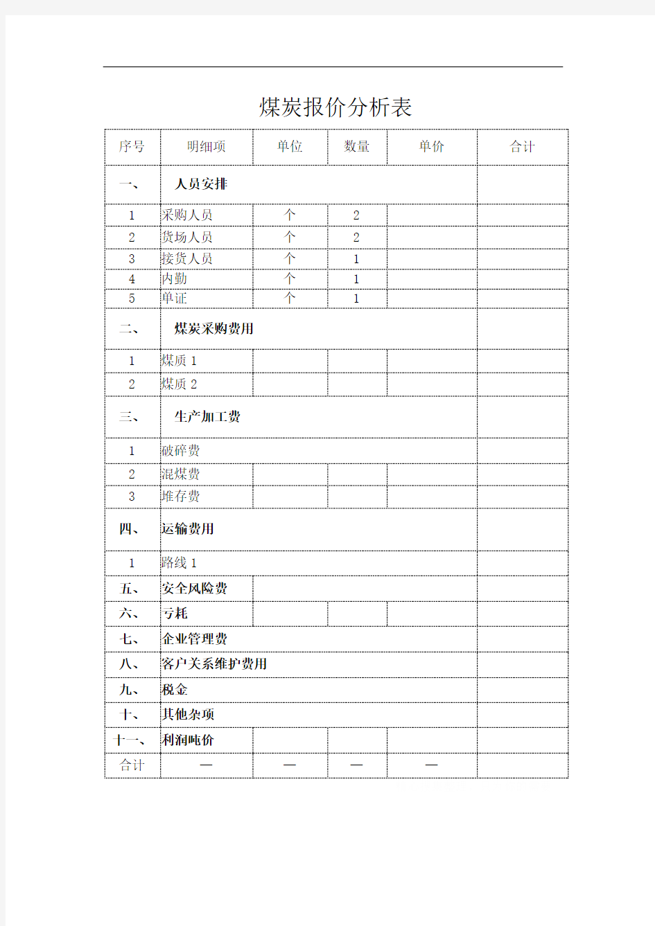 煤炭报价模板