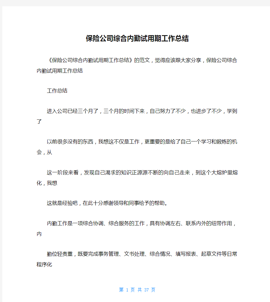 保险公司综合内勤试用期工作总结