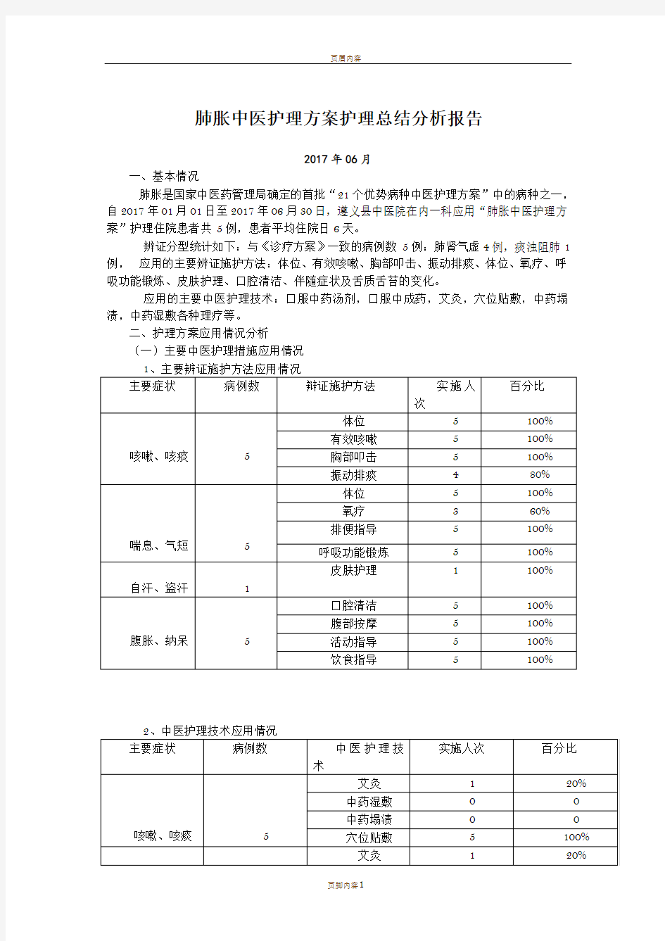 肺胀中医护理方案护理总结分析报告