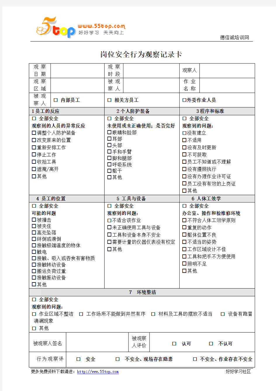 岗位安全行为观察记录卡