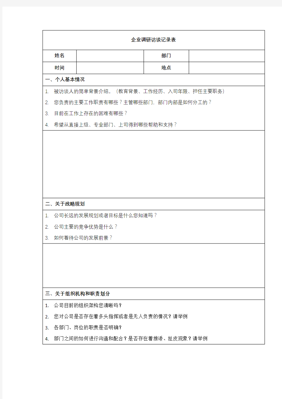 企业调研访谈记录表