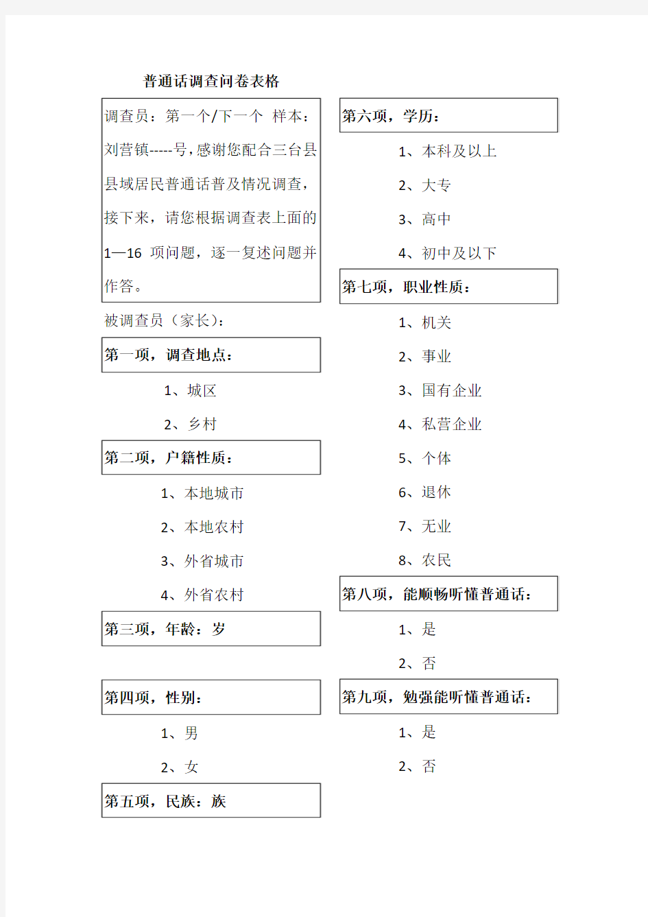 普通话调查问卷表格