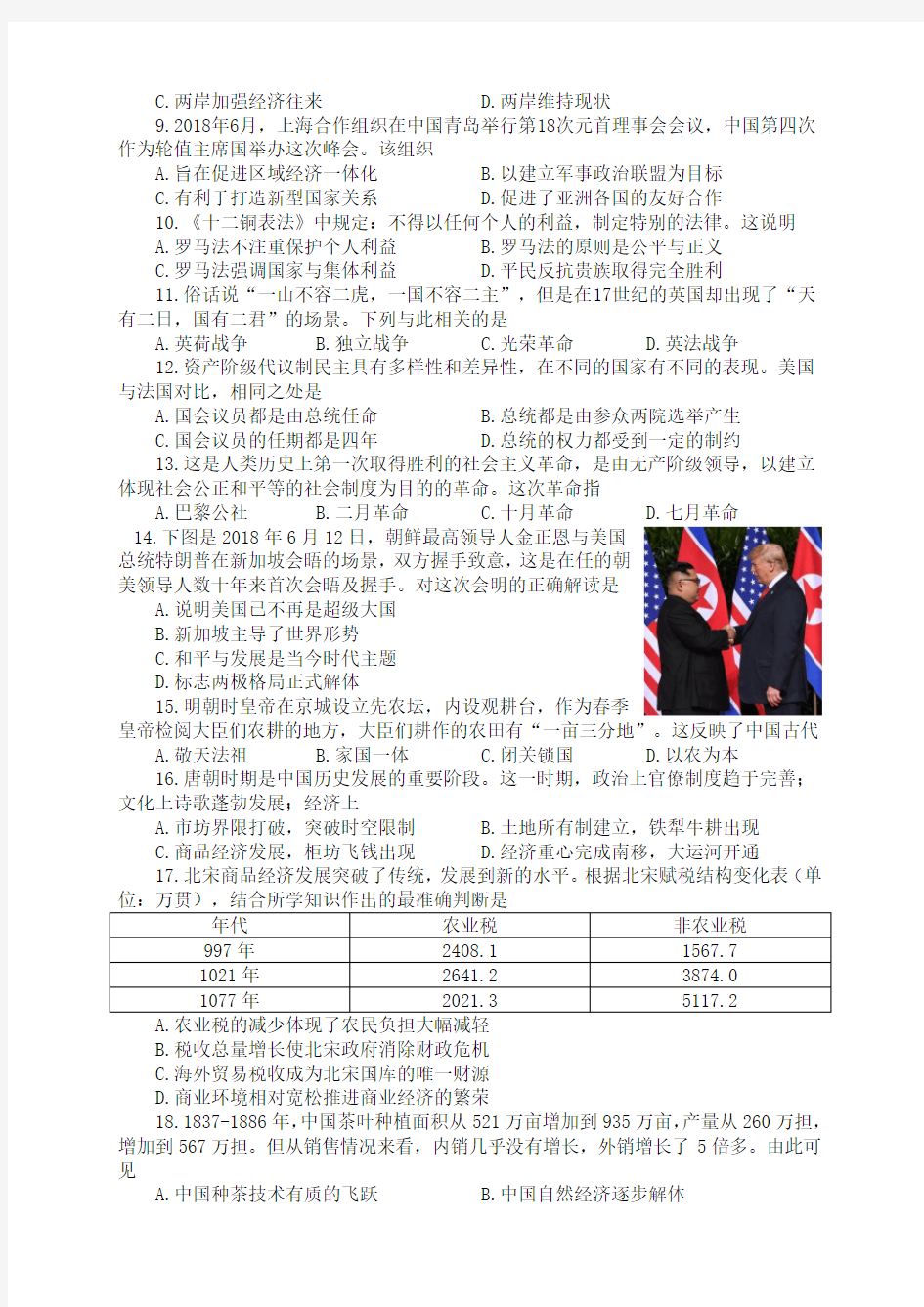 2018年7月贵州省普通高中学业水平考试历史试卷
