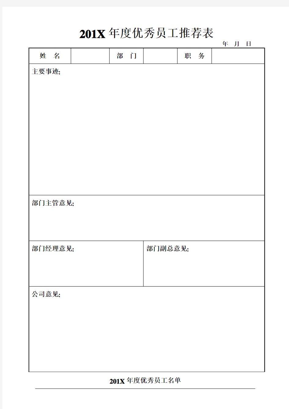 度优秀员工评选推荐表