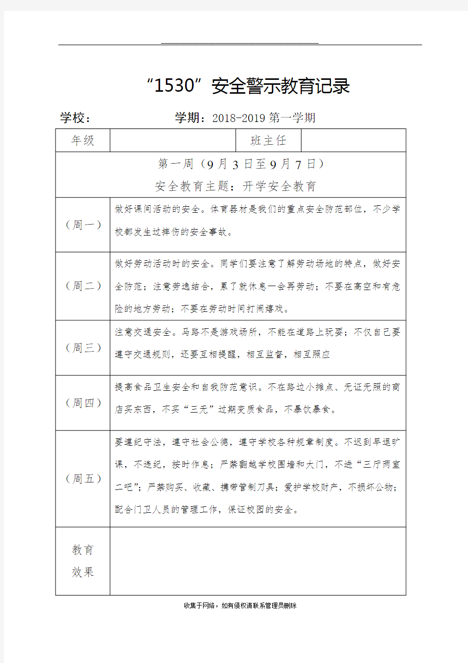 最新小学1530安全教育记录表格式