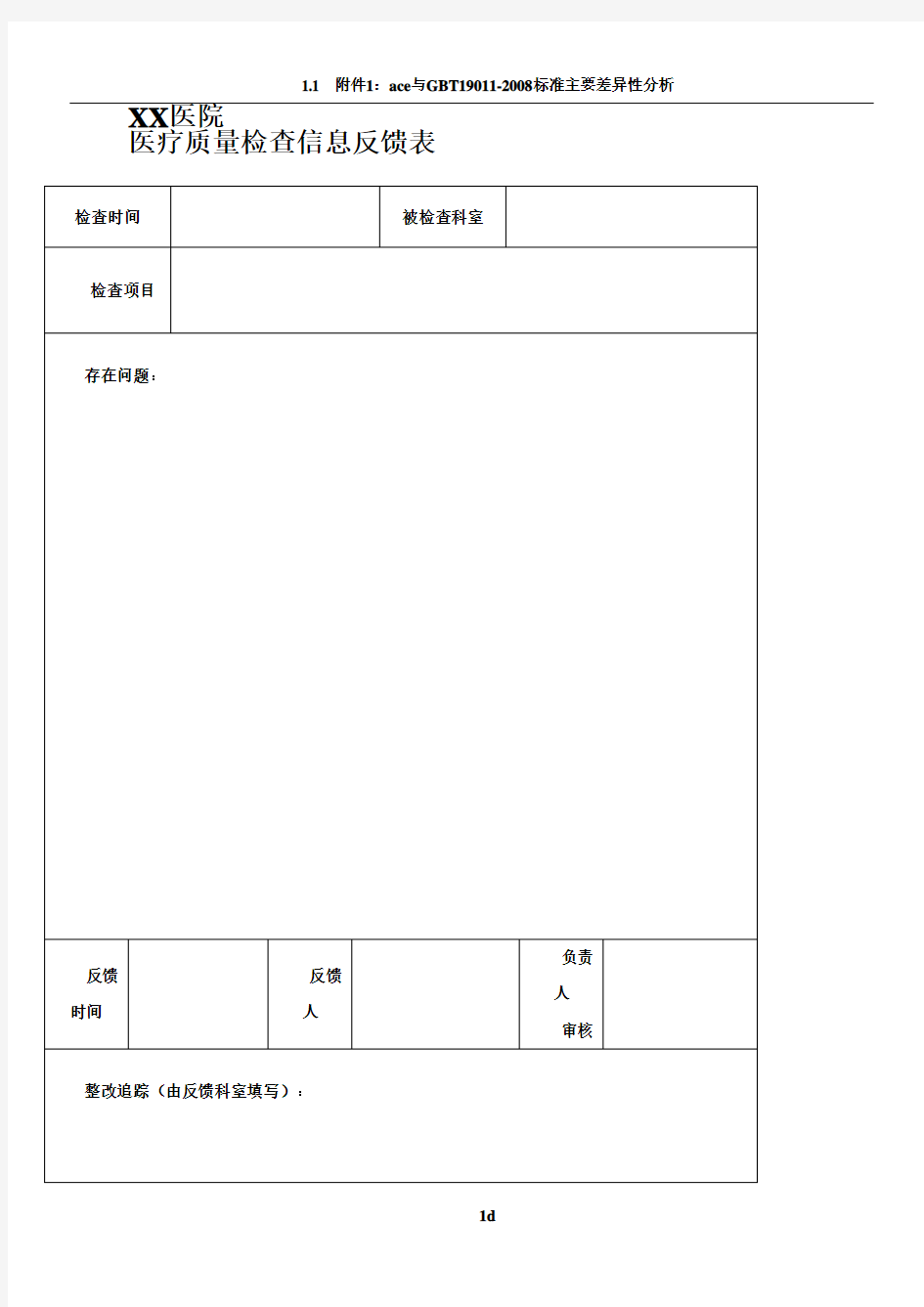 医疗质量检查反馈表