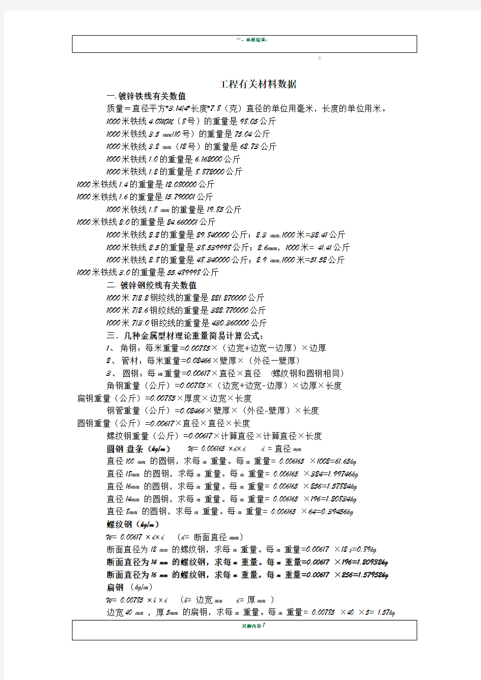 常用工程材料有关数据