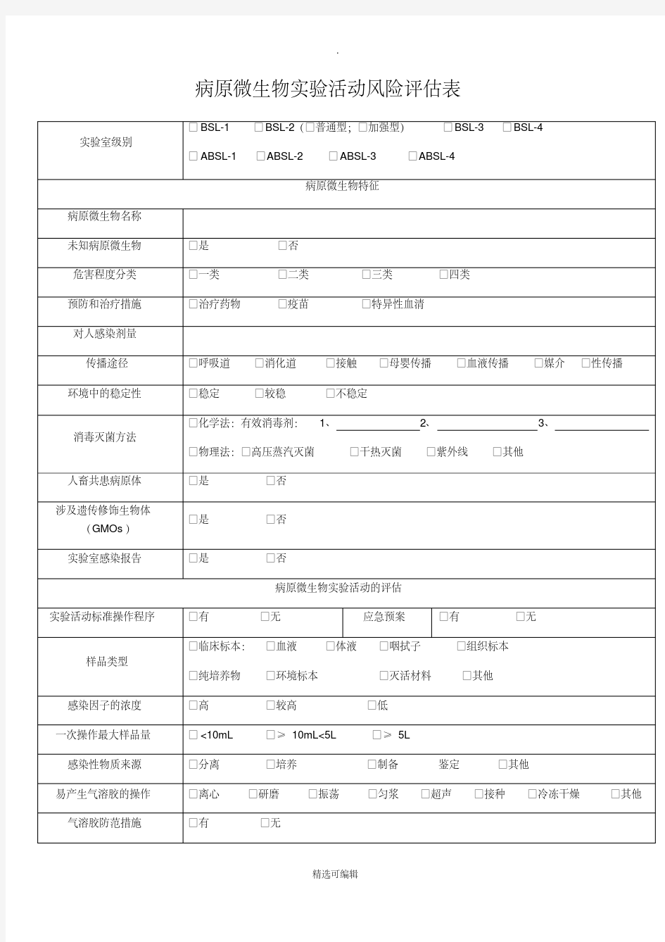 病原微生物实验活动风险评估表