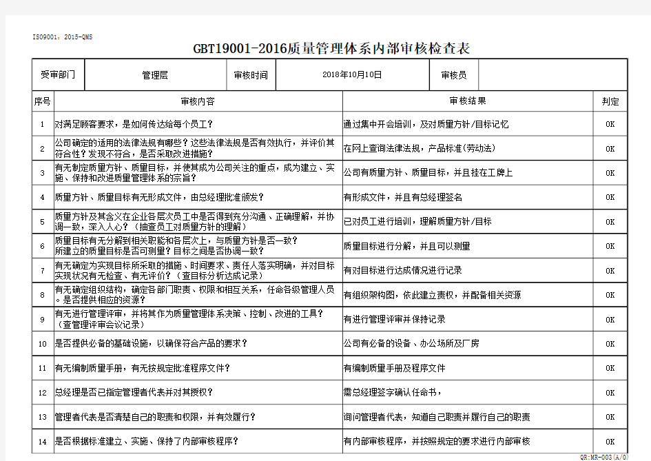 GBT19001-2016质量管理体系内部审核检查表