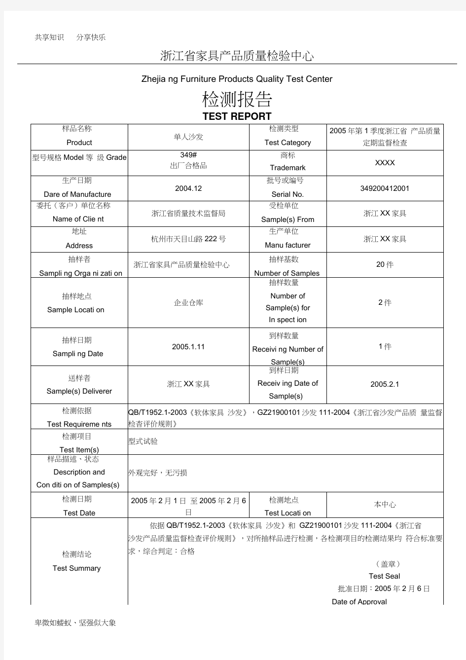家具产品质量检测报告模板