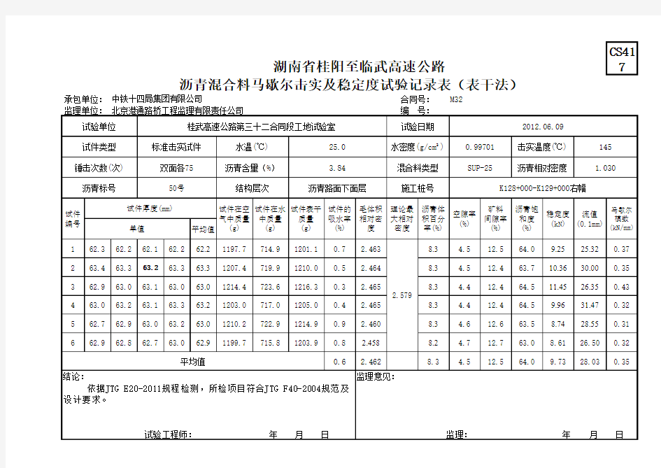 沥青路面常用全套表格