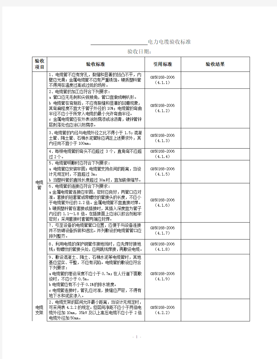 电力电缆验收标准(隧道)