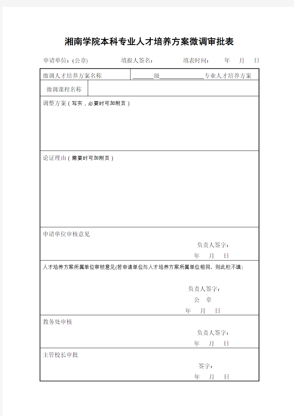 湘南学院本科专业人才培养方案微调审批表