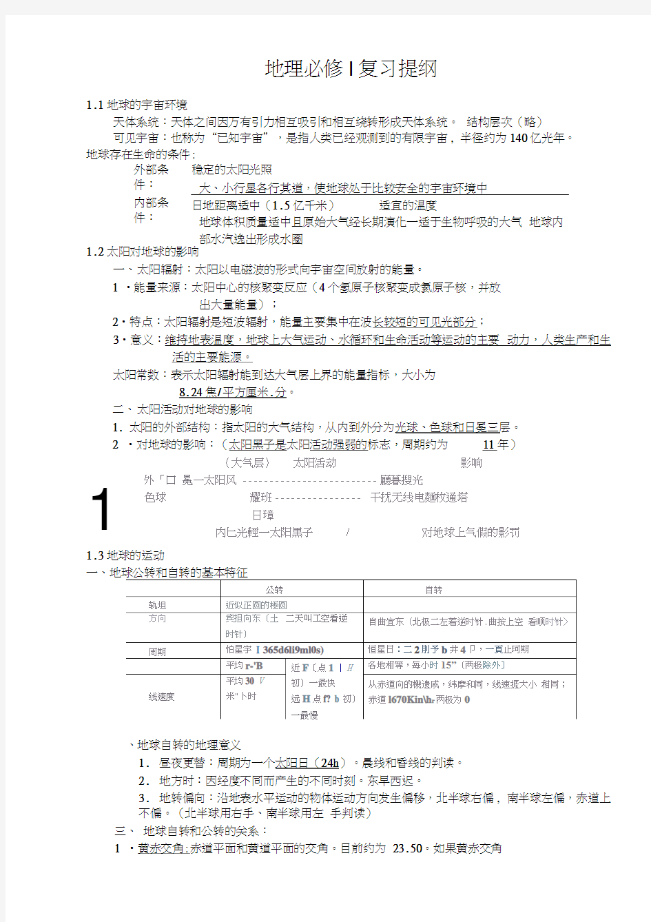 湘教版高中地理必修一知识点