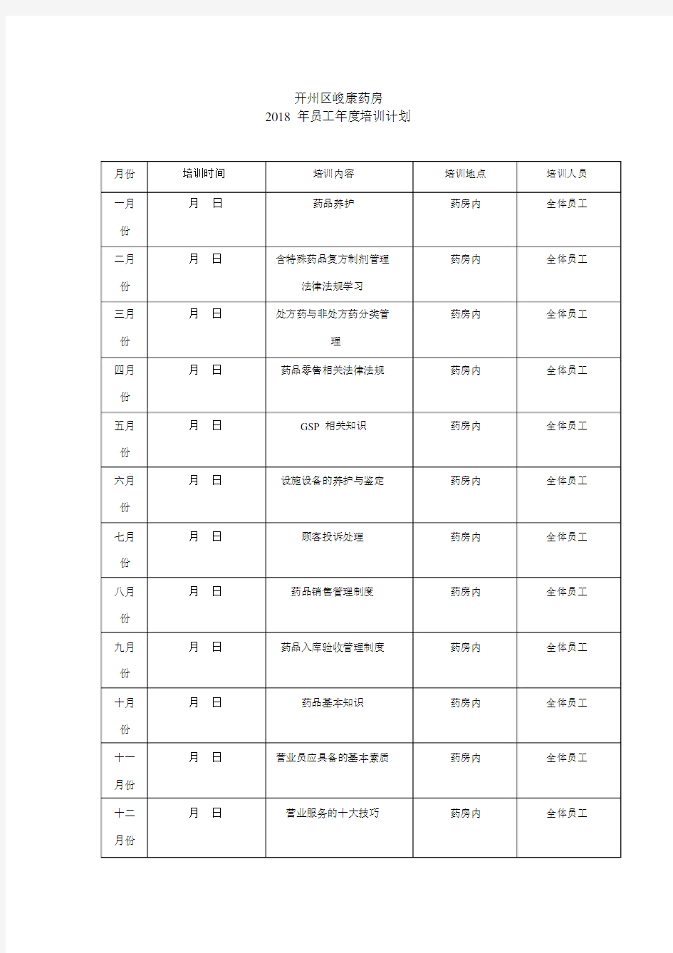 药房年度培训计划表