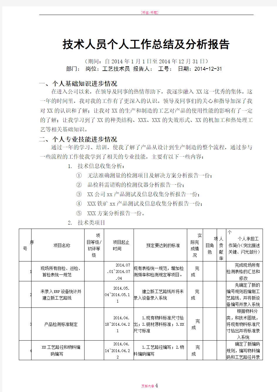 技术人员个人工作总结及分析报告