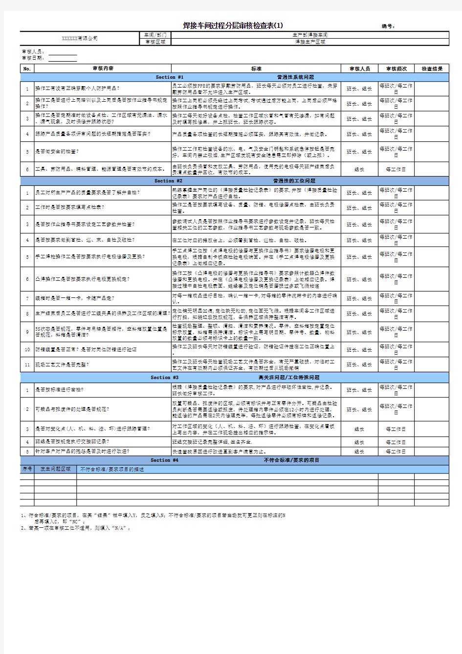 焊接车间过程分层审核检查表