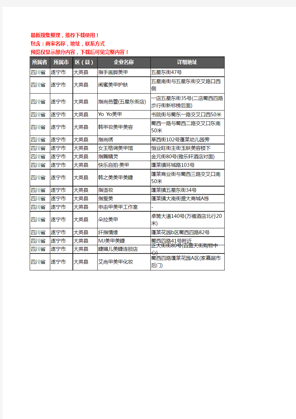 新版四川省遂宁市大英县美甲企业公司商家户名录单联系方式地址大全18家