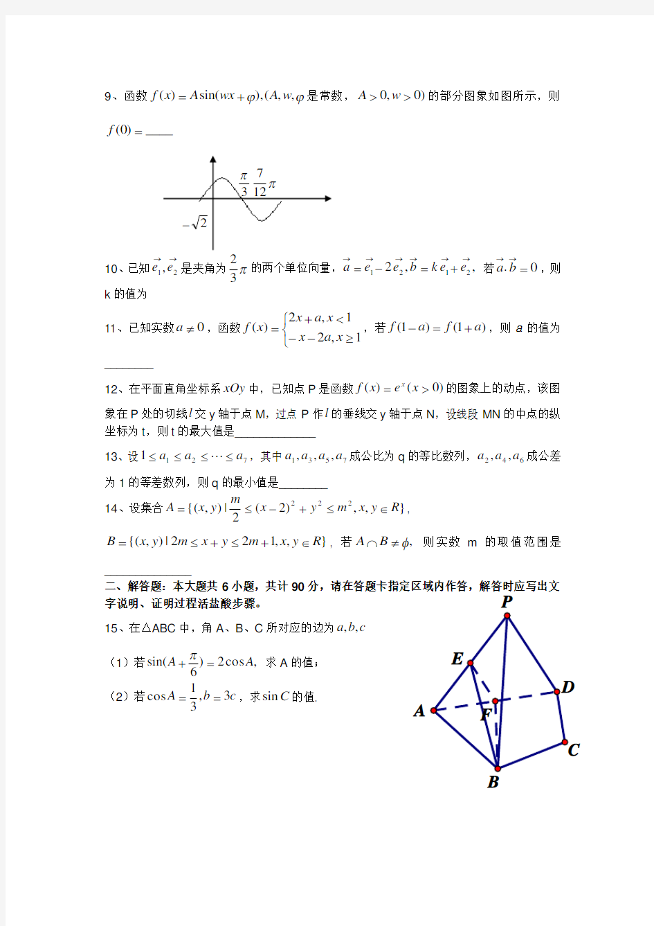 2011江苏高考数学试题及答案(理科)
