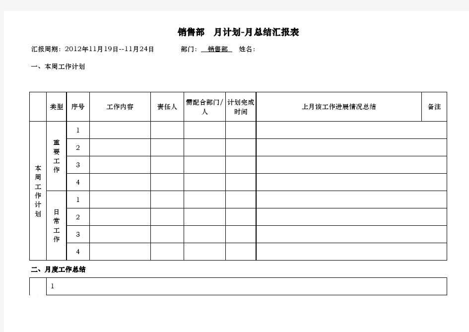 销售部工作计划表