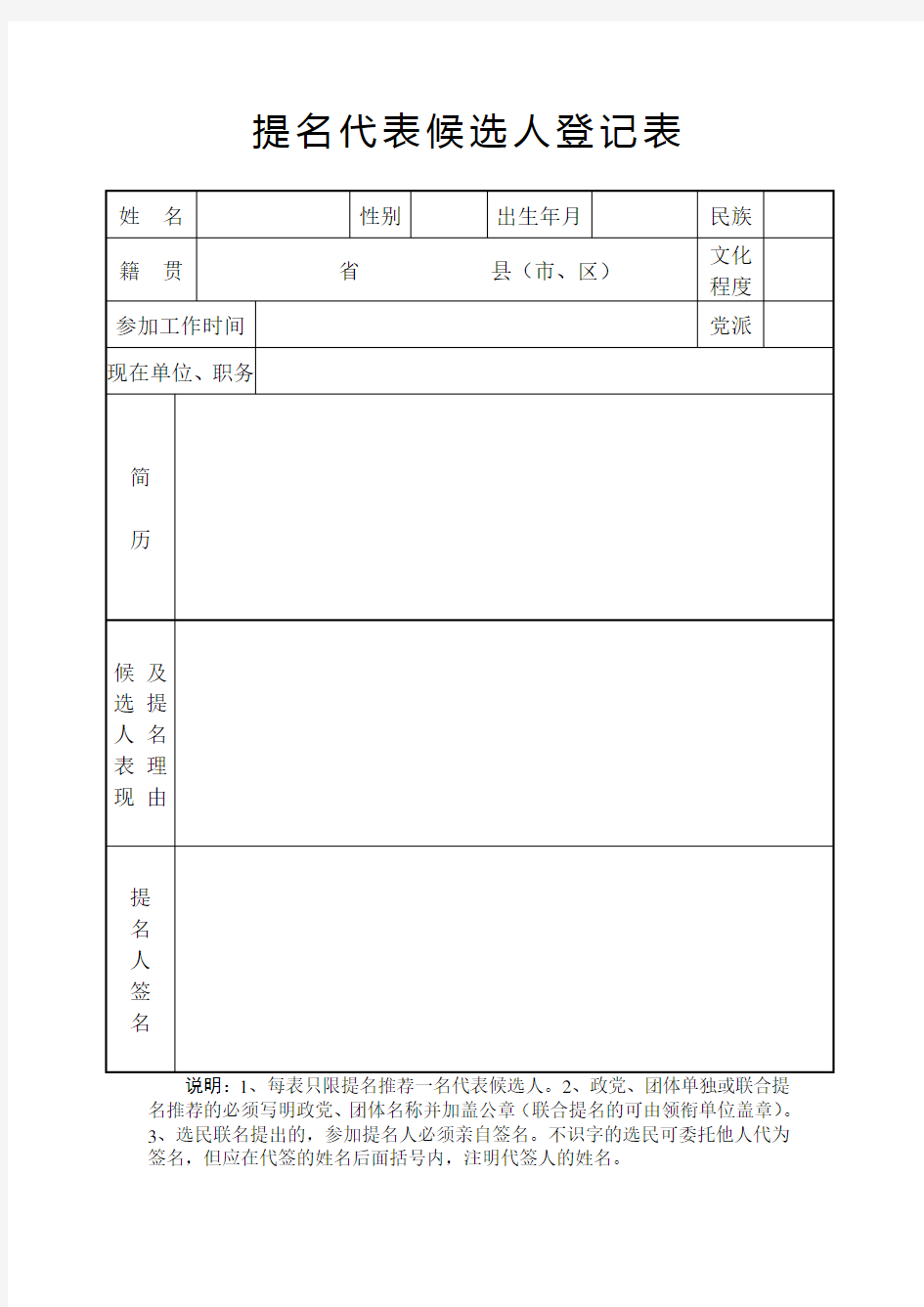 提名代表候选人表格