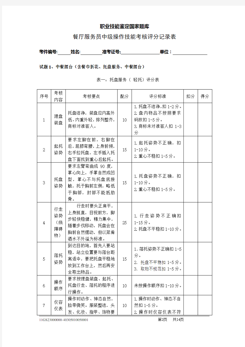 餐厅服务员初级操作技能考核