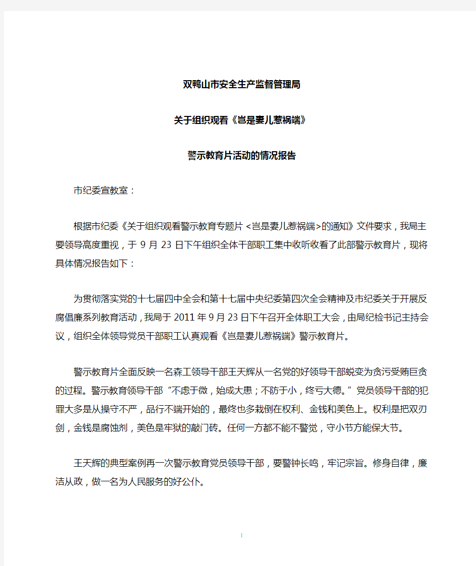 市安监局关于组织观看警示教育片活动情况报告