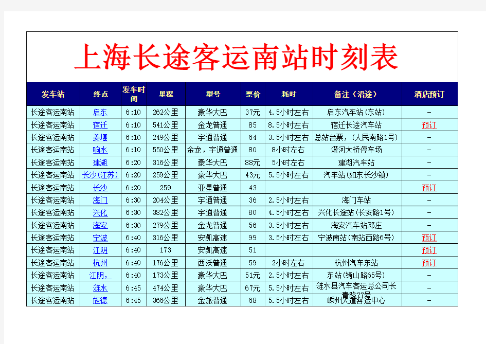 上海长途客运南站时刻表