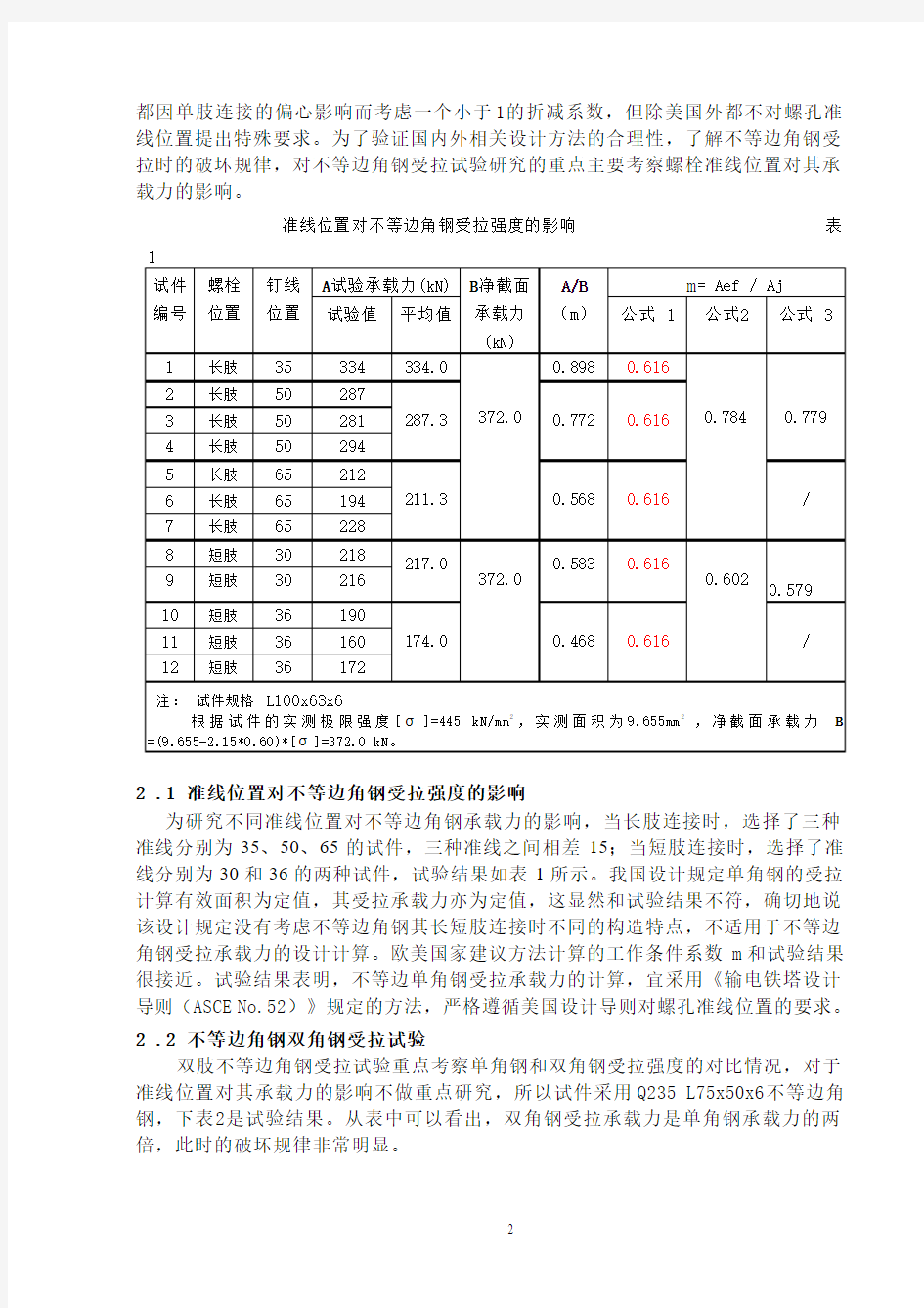 不等边角钢用于输电杆塔的试验研究