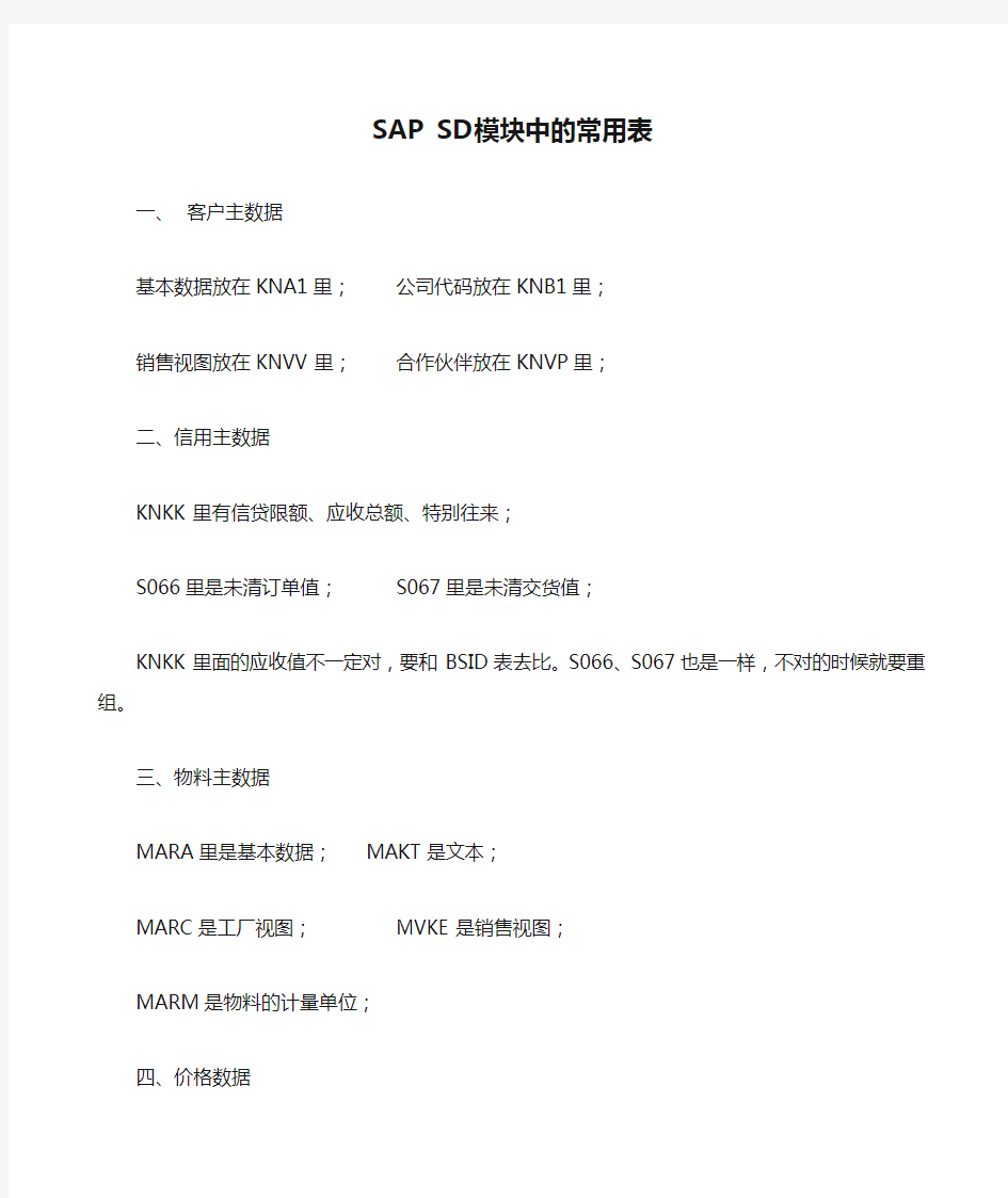 SAP SD模块中的常用表