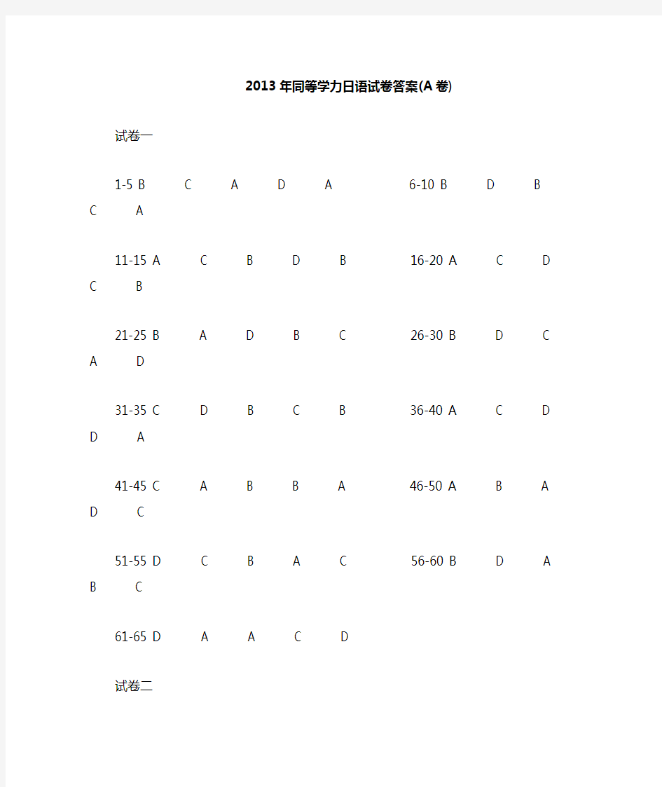 2013年同等学力全国统考日语(A卷)参考答案