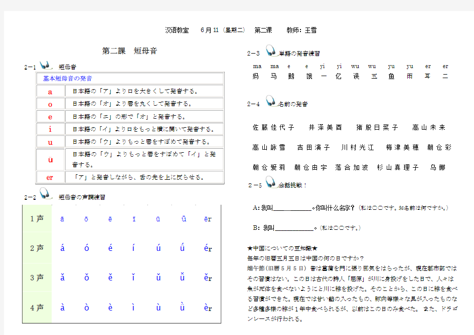 教日本人学汉语拼音 第二课  短母音  学生用