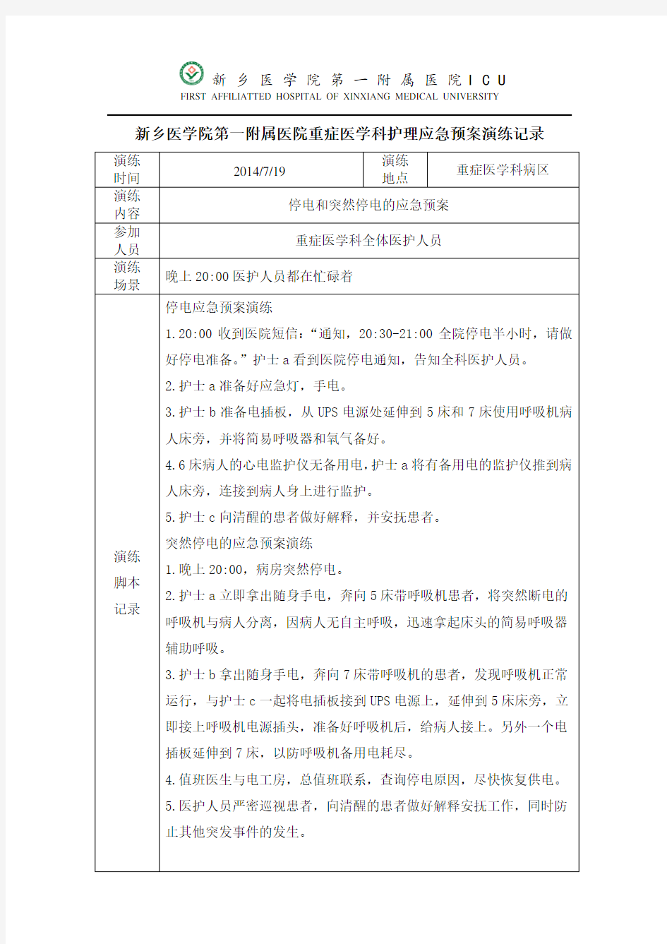 ICU停电和突然停电的应急预案演练